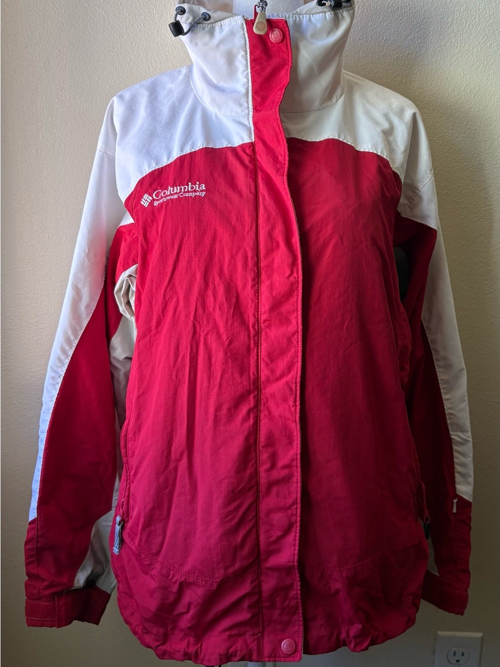Columbia Core Interchange Jacket Womens M Colorblock Red White Taupe Lined Retro